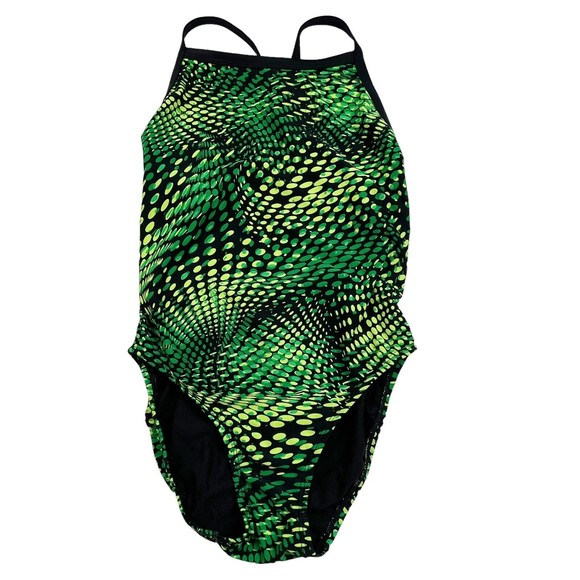 Rise Aquatics 1pc Swimsuit Womens 30 Training Flyback Green Yellow Dots Optical - Picture 1 of 5